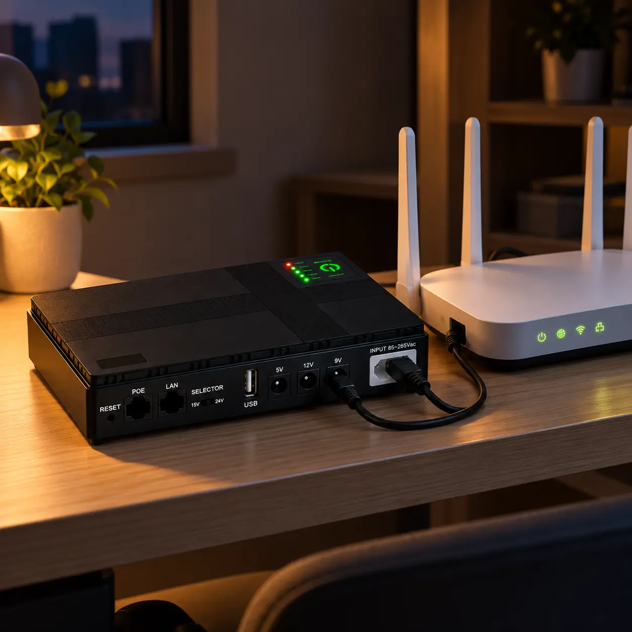 Mini UPS DC1036P на столі поруч із Wi-Fi роутером
