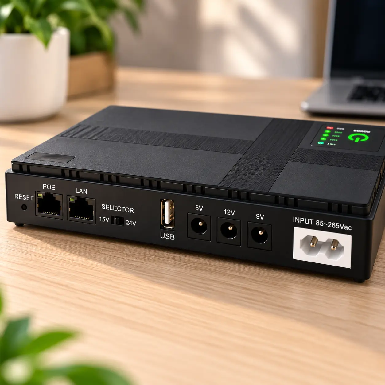 Задня панель Mini UPS DC1036P з виходами USB, DC 5, 9, 12 В, портами PoE і LAN
