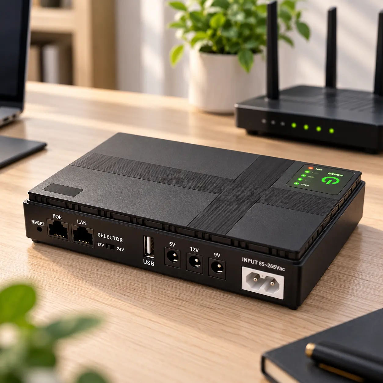 Світлодіодні індикатори заряду і кнопка живлення на корпусі Mini UPS DC1036P