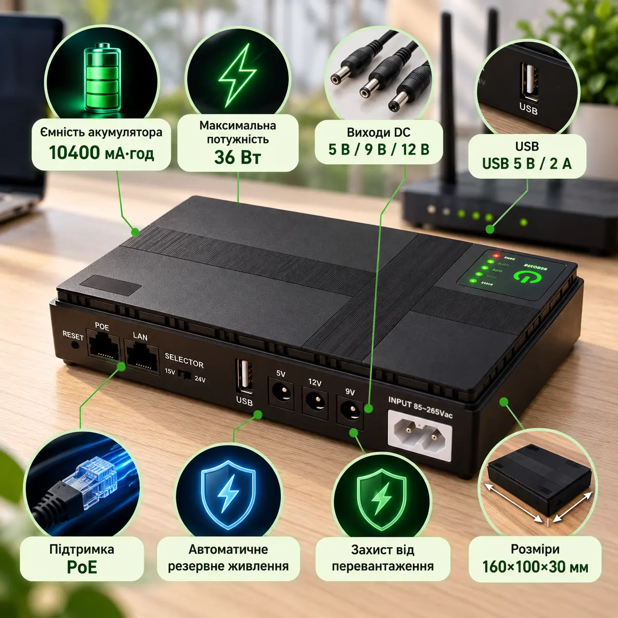 Mini UPS DC1036P живить Wi-Fi роутер під час відключення світла
